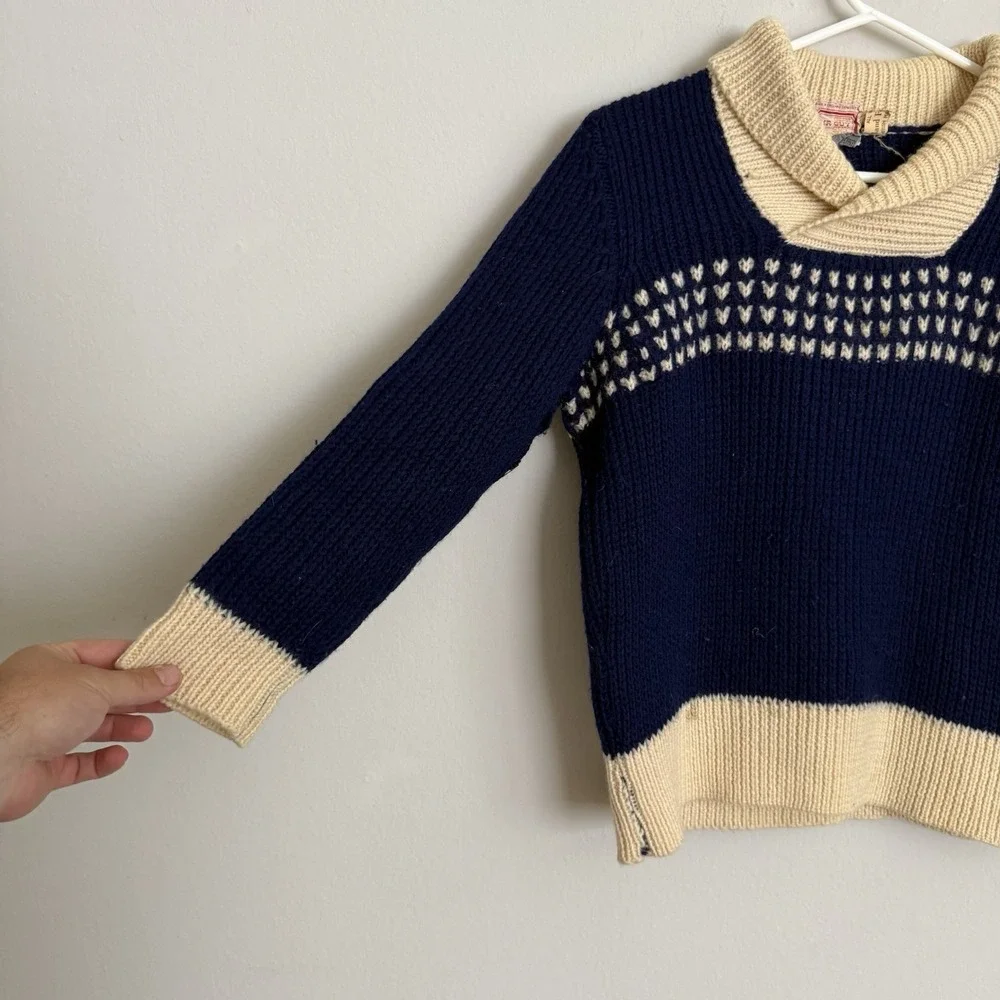 Vintage Mr Guy Wool Shawl‎ Collar Sweater Navy Blue Cream Fair Isle Made England